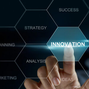 Businesswoman hand touch word innovation on screen, business concept